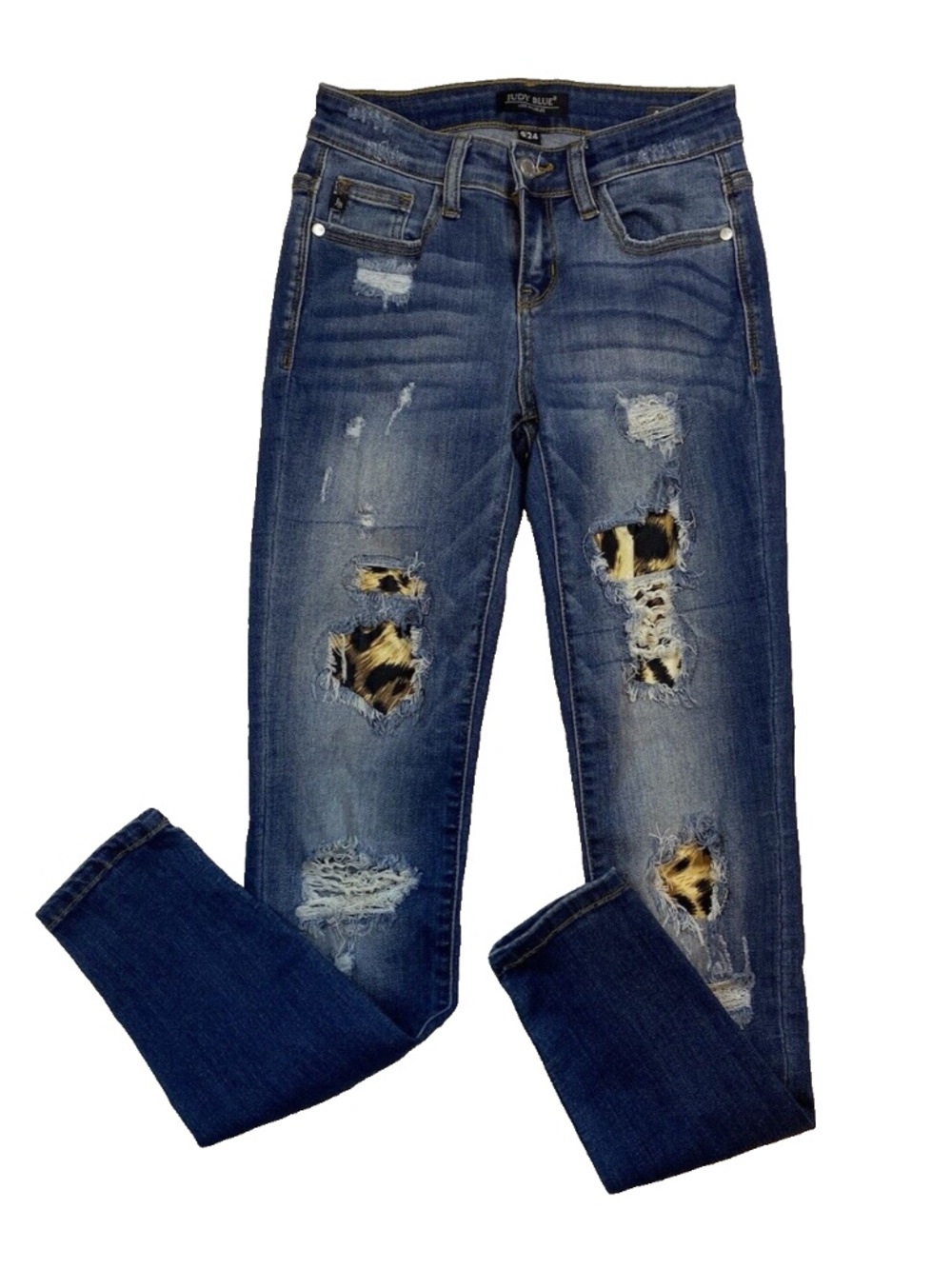 Judy Blue Women Size 0/24 Distressed Cheetah Patch Skinny Blue Jeans JB8265MD
